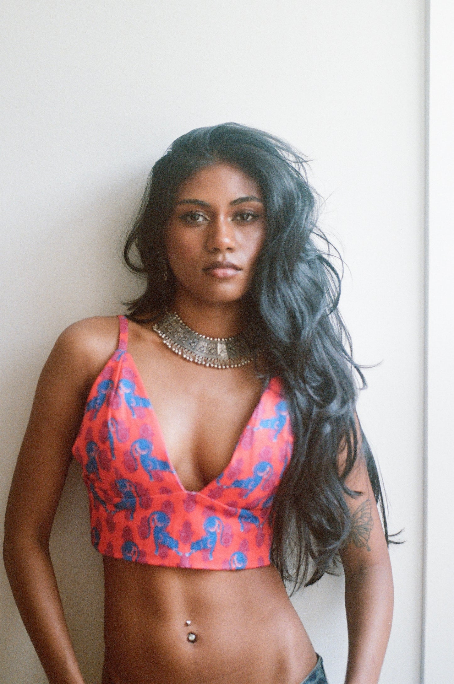 Orange and Blue Jaugar Print Denim Crop Top