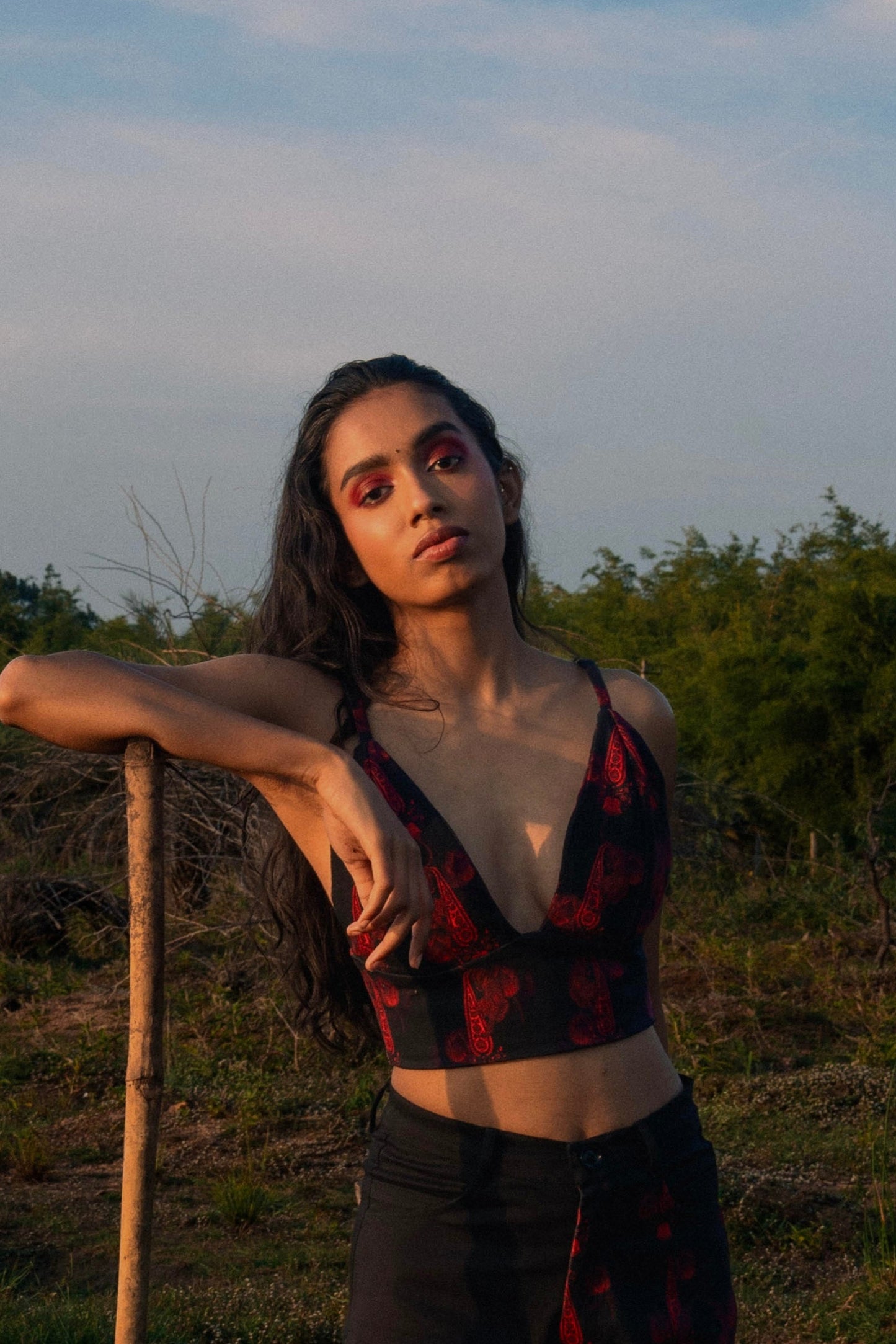 Red and Black Tiger Print Denim Crop top