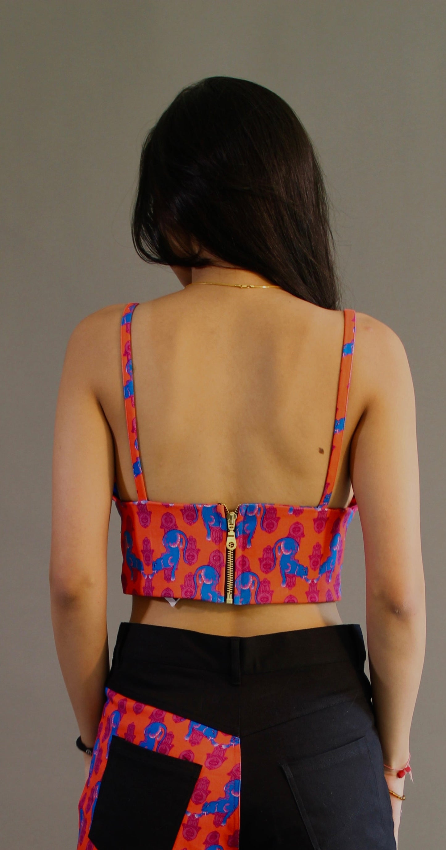Orange and Blue Jaugar Print Denim Crop Top
