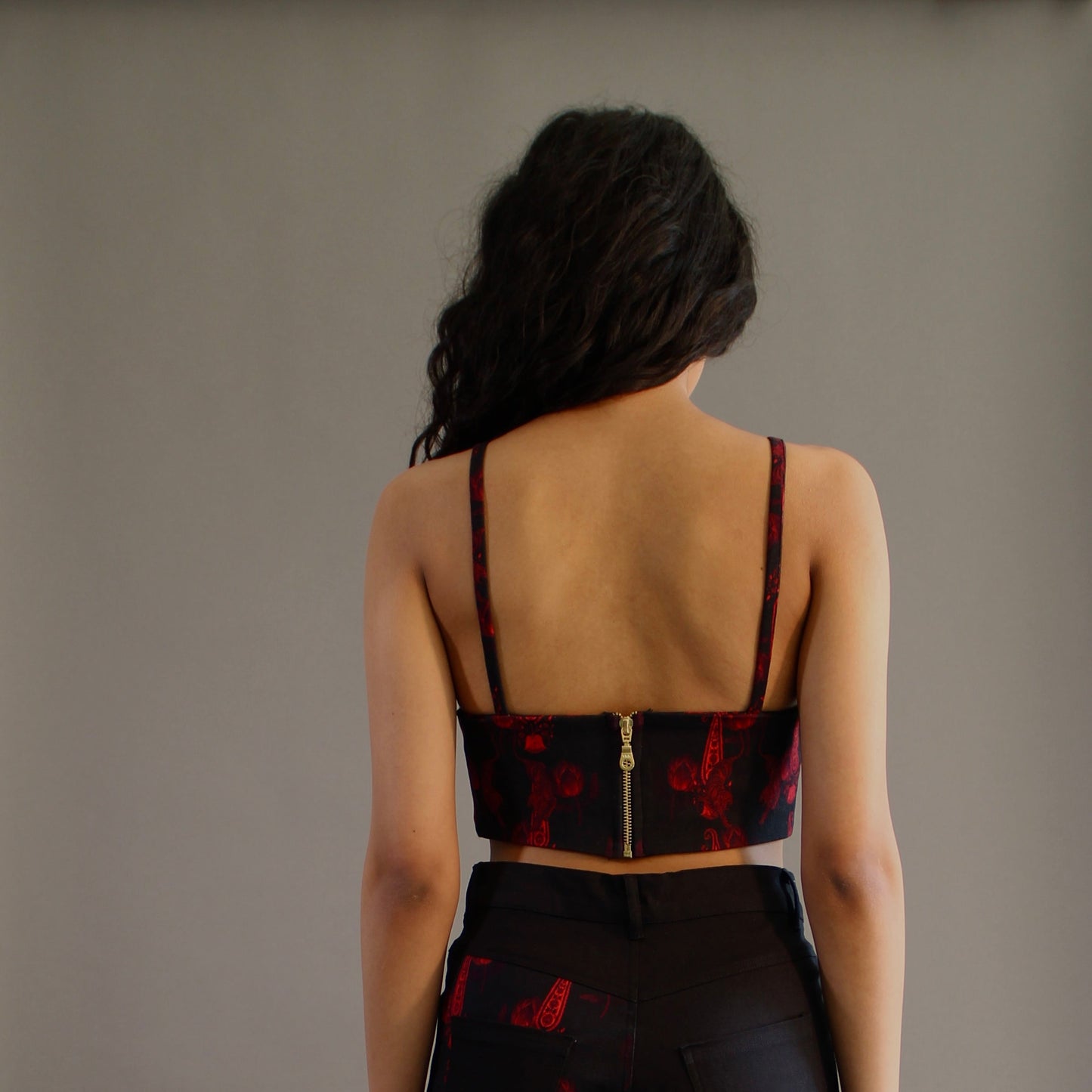 Red and Black Tiger Print Denim Crop top