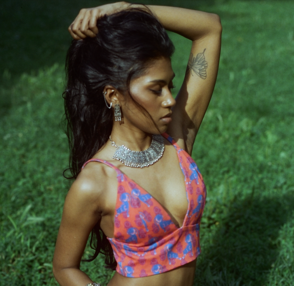 Orange and Blue Jaugar Print Denim Crop Top
