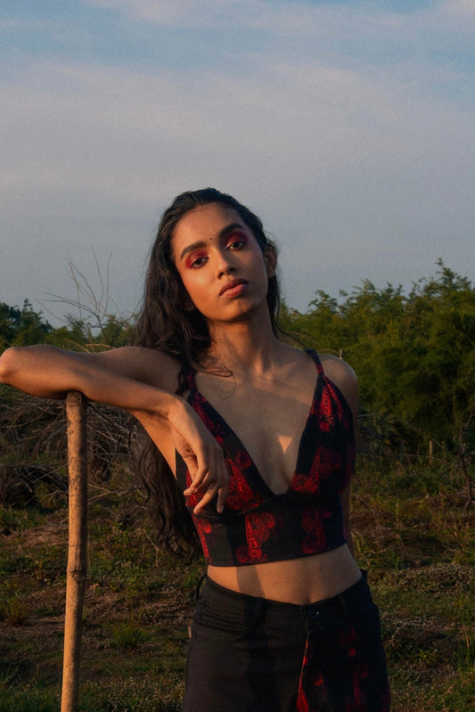 Red and Black Tiger Print Denim Crop top
