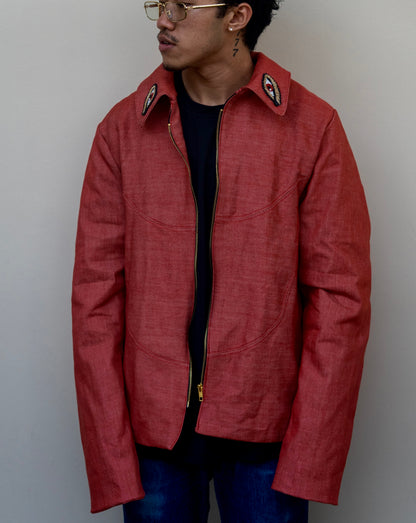Devils watching red denim bomber