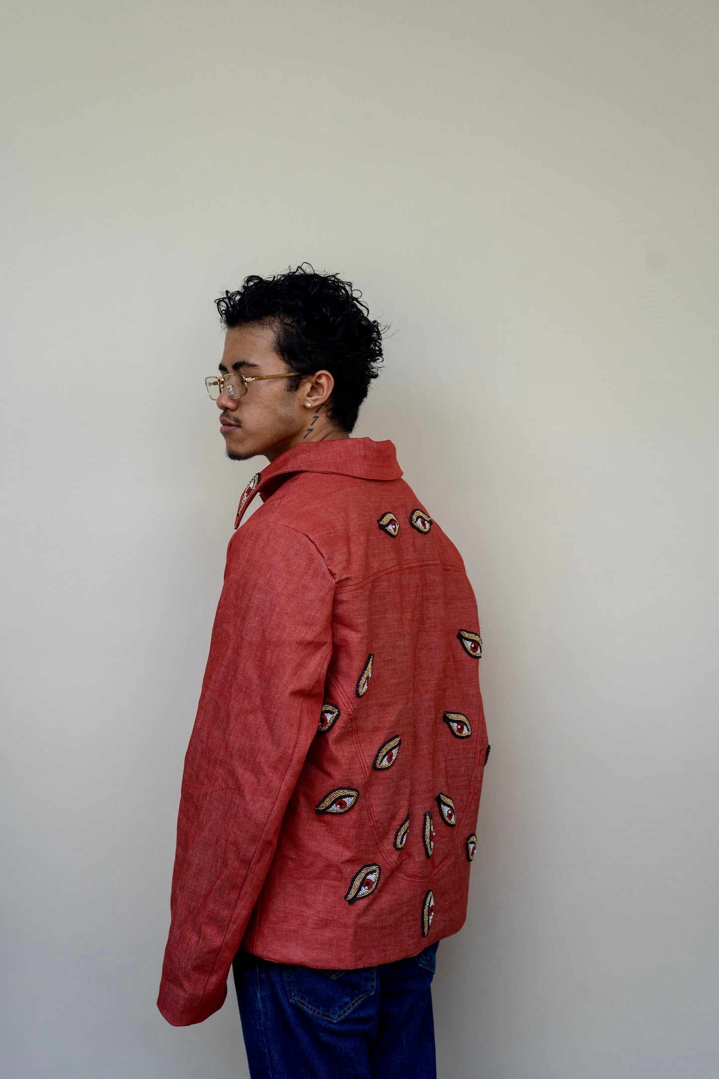 Devils watching red denim bomber