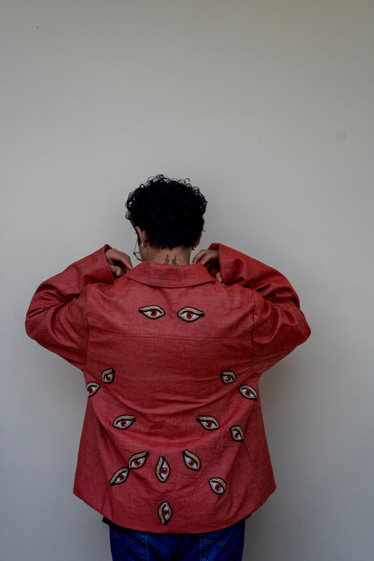 Devils watching red denim bomber
