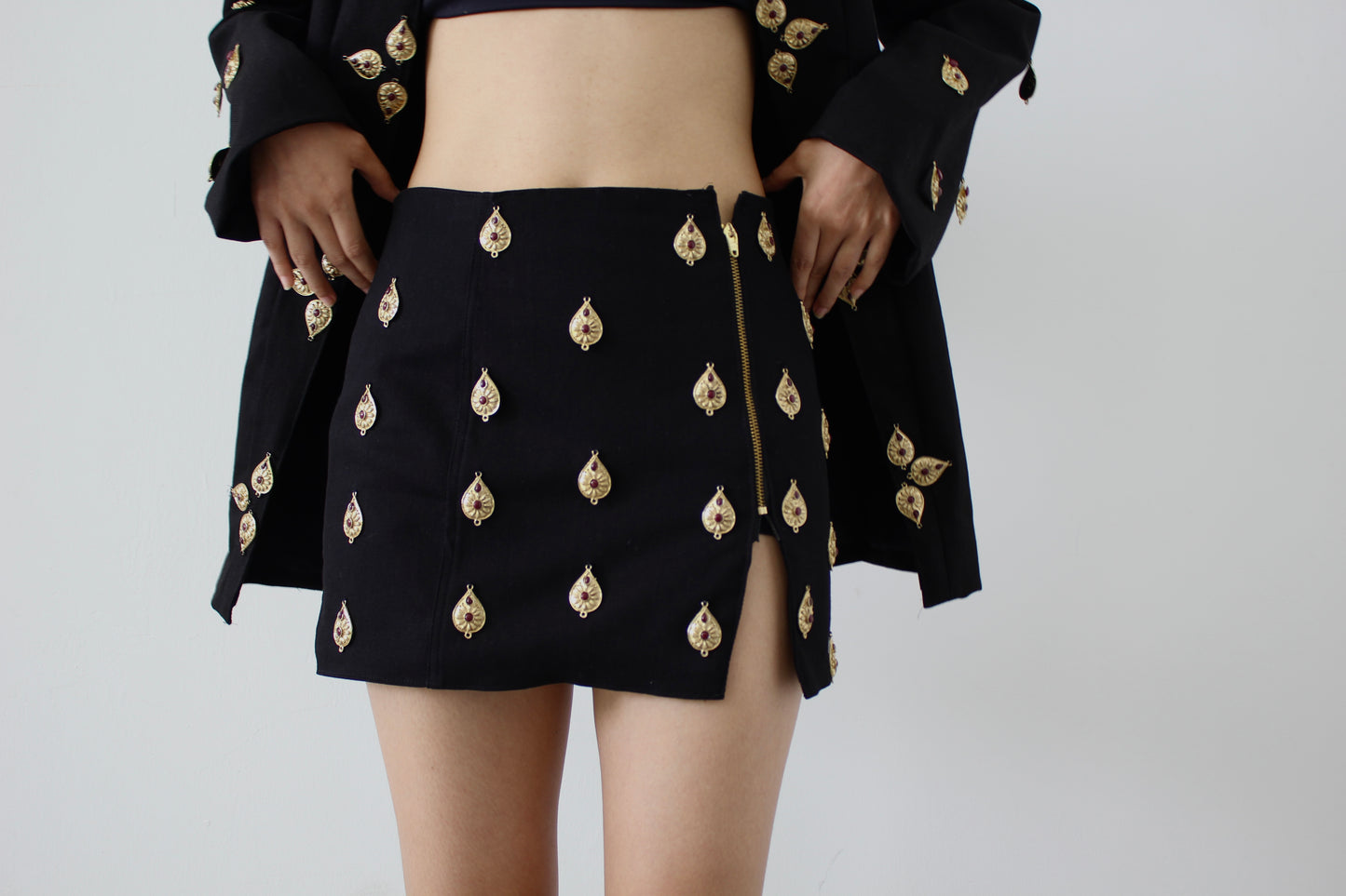 gold rain denim mini skirt