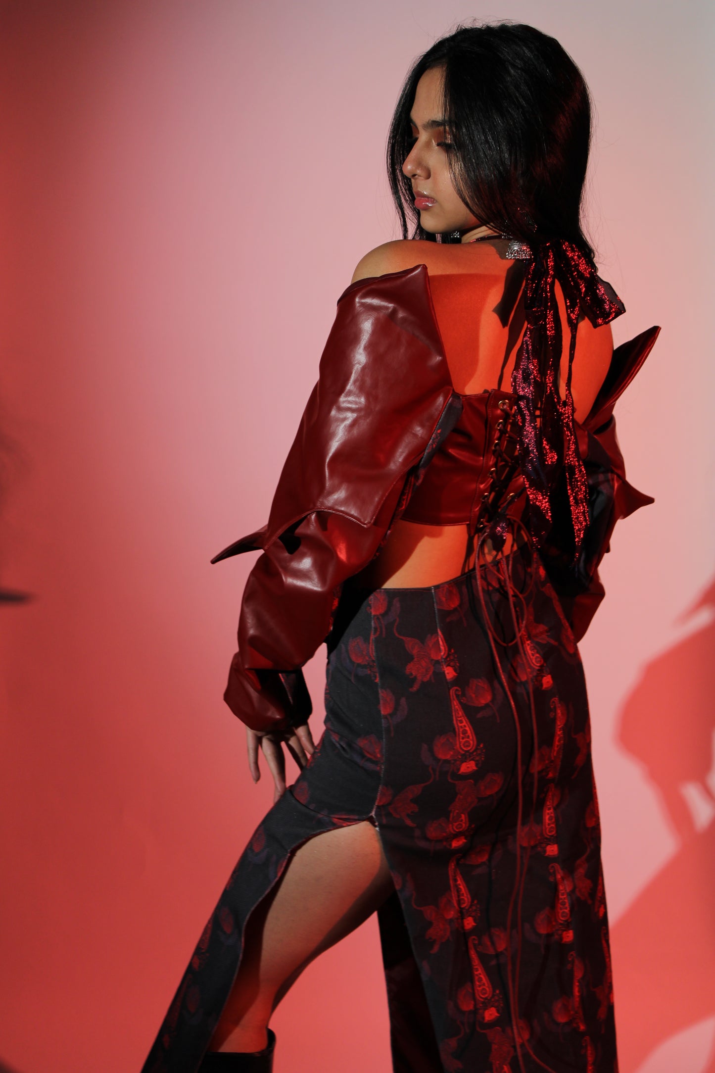 Red leather and Tiger Denim Crop Top