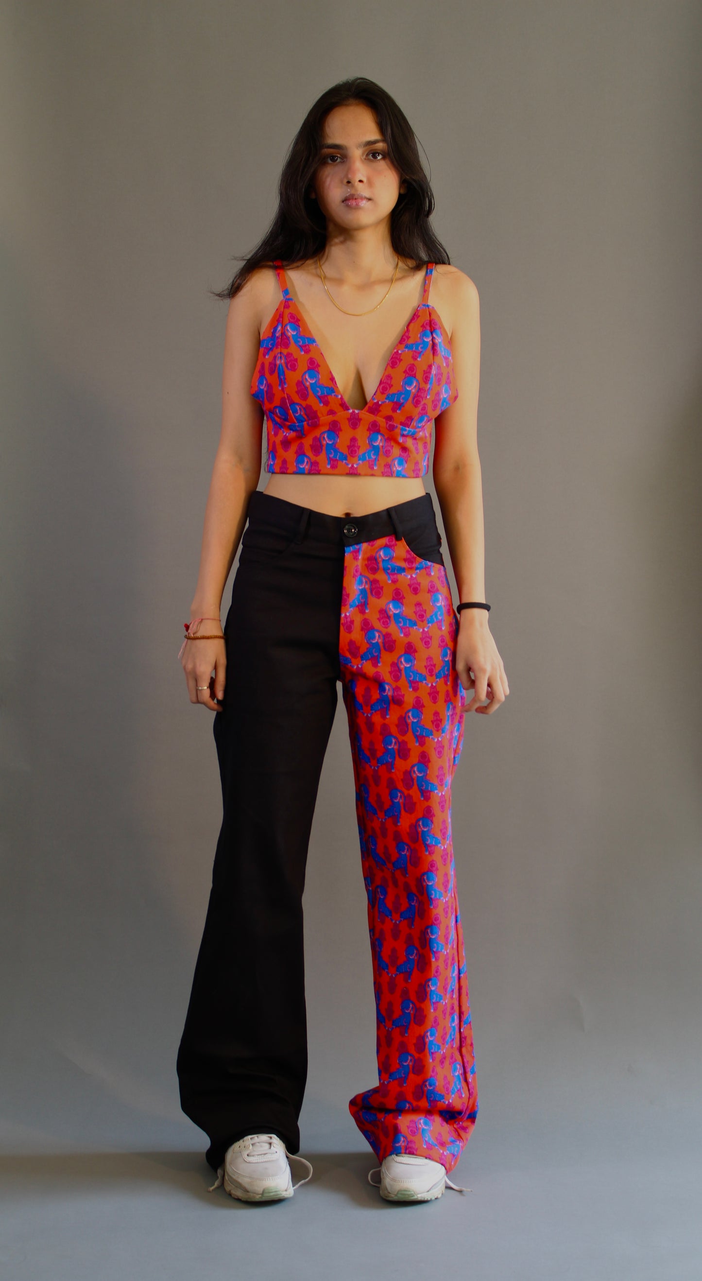 Orange and Blue Jaugar Print Denim Crop Top