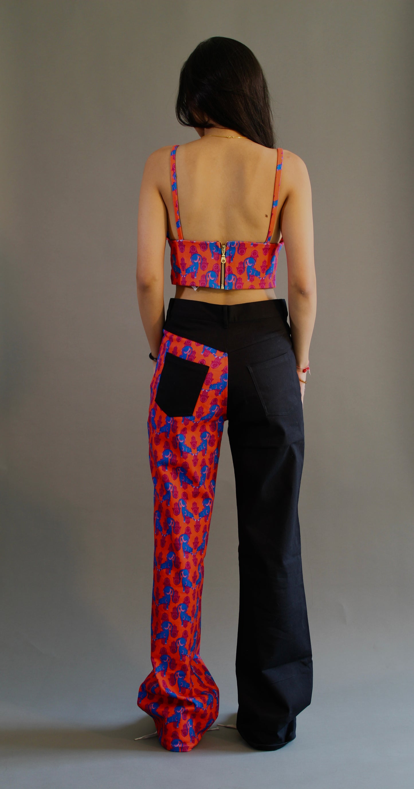 Orange and Blue Jaugar Print Denim Crop Top