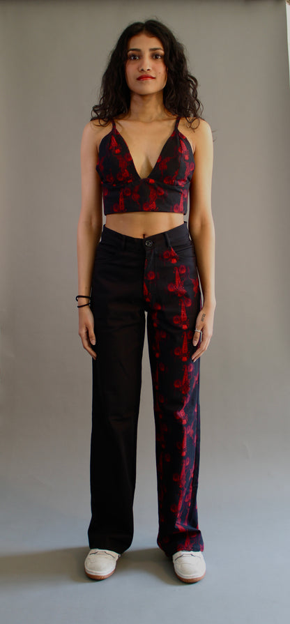 Red and Black Tiger Print Denim Crop top