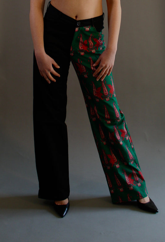 Dual Color Green Tiger Print Wide Leg Denim Jeans