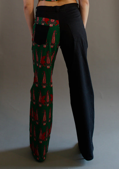 Dual Color Green Tiger Print Wide Leg Denim Jeans