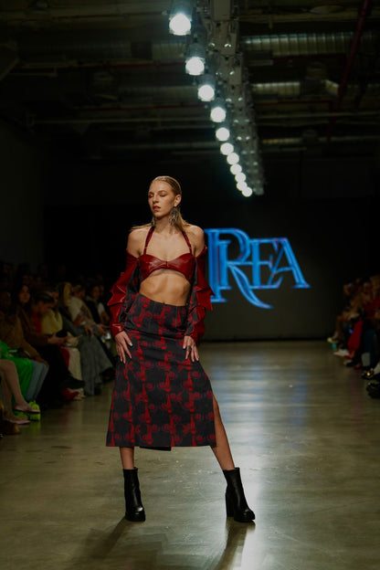 Red leather and Tiger Denim Crop Top